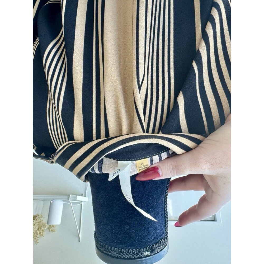 Nordstrom Tan Black Stripe 3/4 Sleeve Button Front Tie Waist Shirt Dress Size LP - Picture 4 of 6